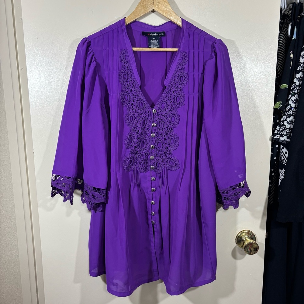 Denim 24/7 Vibrant Purple Crochet Lace Blouse Size 18W